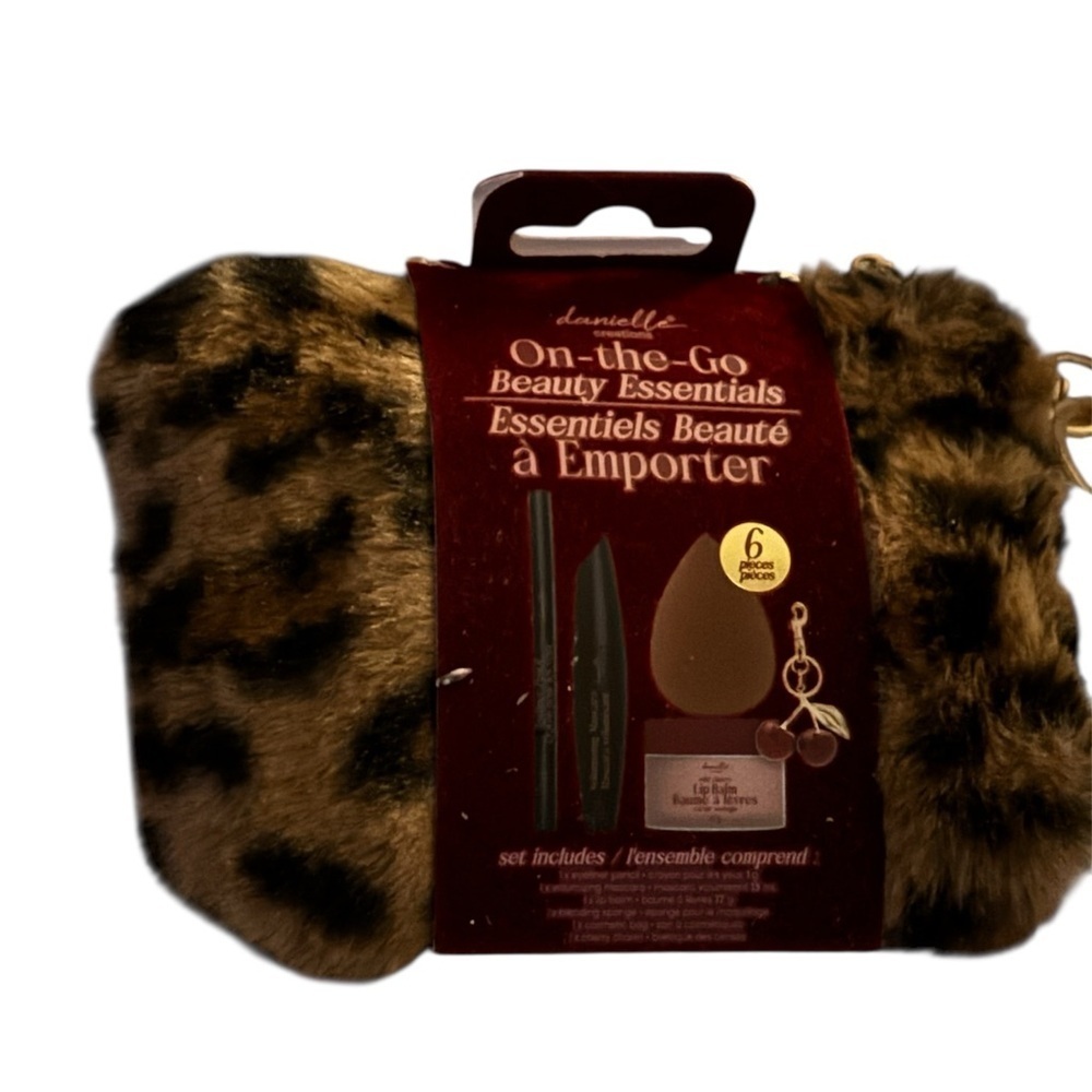 Danielle on the go 6 piece makeup essentials in fuzzy leopard print bag